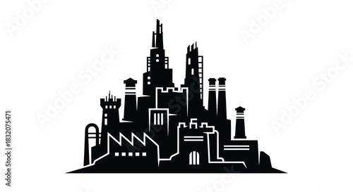 Dramatic black cityscape with unique architectural elements and a striking silhouette