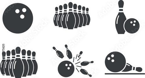 Bowling icon silhouette set, black and white vector illustration of pins, balls, strikes, and gameplay elements for sports, recreation, and design themes