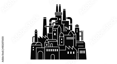 an industrial cityscape featuring factory buildings towers and architectural structures a black silhouette