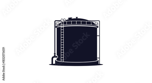 A stark industrial storage tank depicted in a bold black and white graphic silhouette