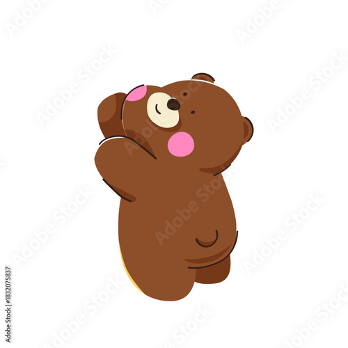 A cute brown bear makes a gesture of raising his hand to take something, hand drawn.