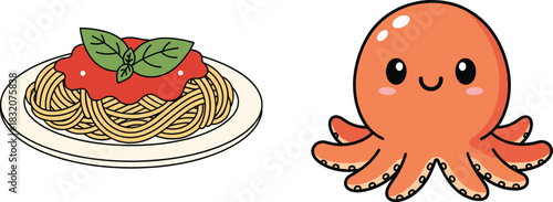 Vector Illustration of Cute Cartoon Octopus and Spaghetti with Sauce, Food and Sea Animal Concept