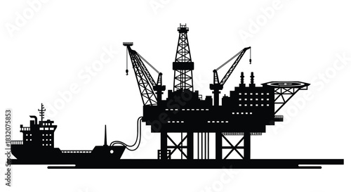 An intricate black silhouette depicting an offshore oil platform with a supporting vessel