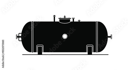 Detailed black and white illustration of a horizontal industrial pressure tank simple silhouette
