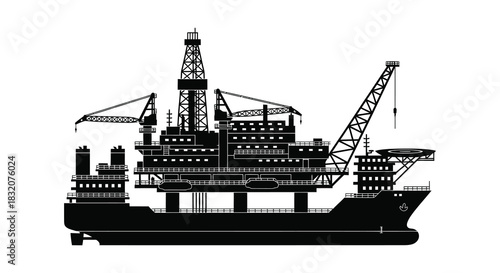 a detailed black and white illustration of an offshore oil rig platform silhouette