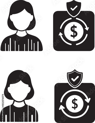 Two pairs of user icons and dollar coin security icons in black and white person profile