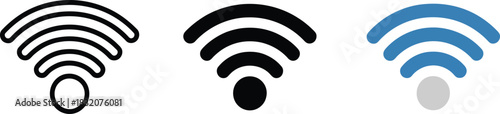 Wireless network signal icon set showing outline silhouette and flat color design variations vector illustration