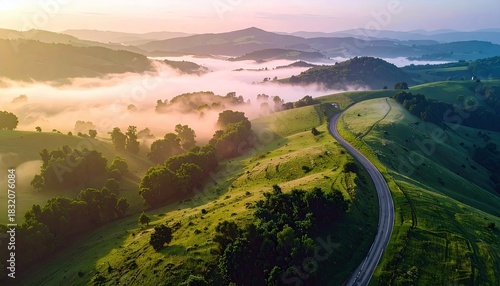 Aerial view of a winding road through green rolling hills with trees and fog at sunrise. The landscape is bathed in warm light.