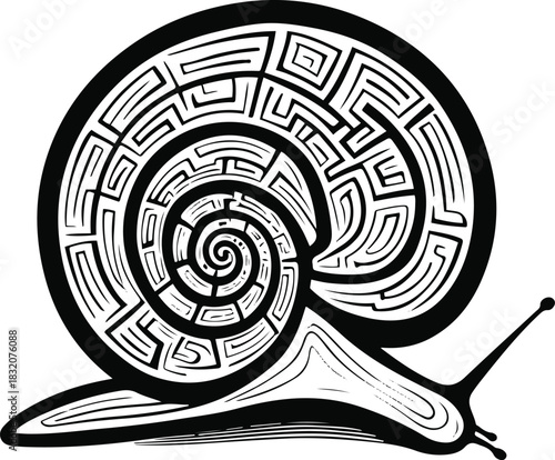 Minimal outline of a snail where the shell forms an abstract circular maze 1