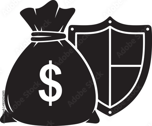 Money bag with dollar sign next to a shield icon in black and white currency finance