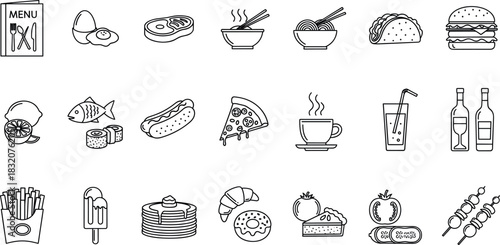 A hand-drawn vector icon set featuring popular food and drink items in a blue doodle style, including burgers, pizza, tacos, coffee, wine, and desserts, suitable for restaurant menus and apps.