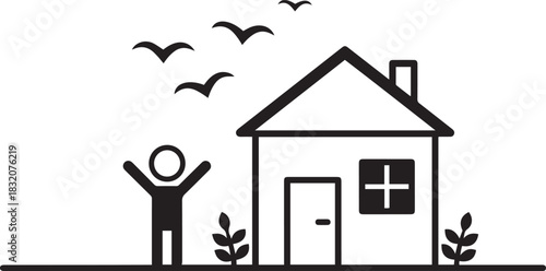 Person with Arms Raised in Front of House with Birds Flying Above people woman