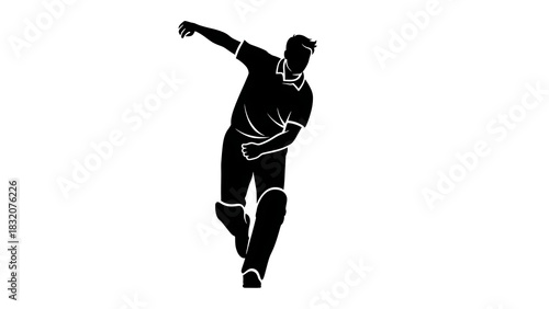 Dynamic silhouette of cricket bowler in action, delivering a fast ball for sports advertisement or athletic team logo design with energy