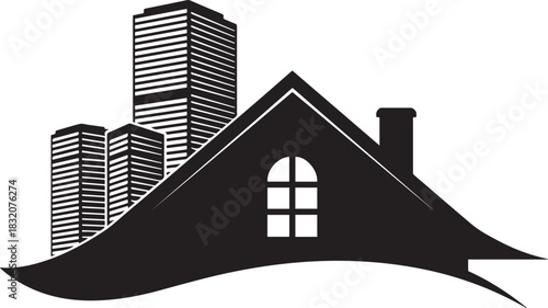 Silhouette of a house roof with a window and skyscrapers behind it home building