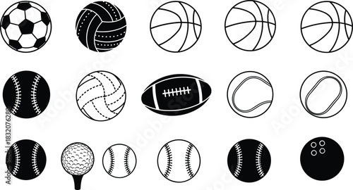 Sports ball silhouette set, vector icons of soccer, basketball, tennis, baseball, football, golf, bowling for athletic, fitness, and recreation design