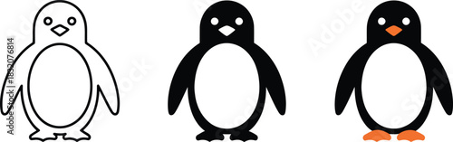 Solid black silhouette icon of cute cartoon penguin standing on transparent background vector graphic