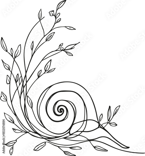 Minimal snail shell combined with botanical lines forming a natural fusion
