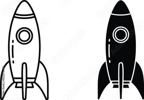 Two stylized rocket ship icons one outlined and one solid vactor black spaceship space