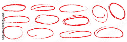 Set of hand drawn red doodle ellipses. Bright red scribble ovals and bubbles to circle and highlight text. Collection of different brush drawn black circles. Marker round elements isolated on white