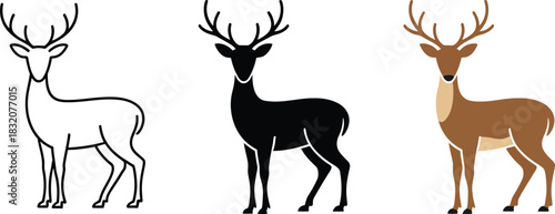 Wild deer icon set showing outline silhouette and flat color design variations simple vector illustration