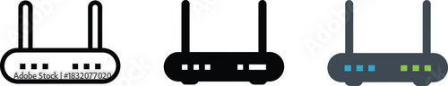 Wireless internet router icon set with rectangular lights line solid and color for network signal access