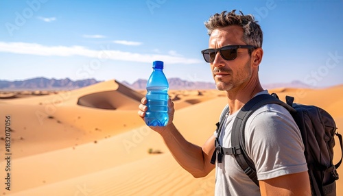 Fototapeta Naklejka Na Ścianę i Meble -  Man In Sunglasses Holds Blue Water Bottle In Arid Desert Landscape With Sand Dunes Under Clear Blue Sky