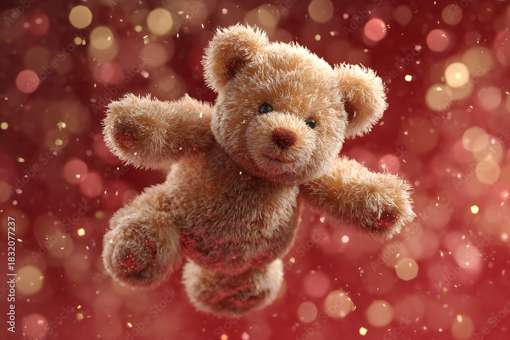 Fototapeta premium Cute teddy bear floating in the air with bokeh lights in the background