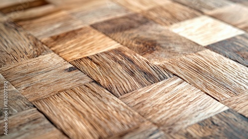 Close-up of a wooden parquet floor, showing the texture and pattern of the wood. The image is lit by natural light.