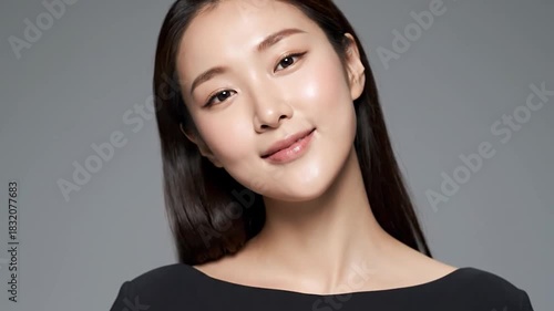 Young woman with elegant pose, looking at camera against grey background