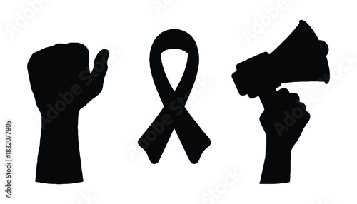 Protest rights movement awareness ribbon megaphone fist symbol
