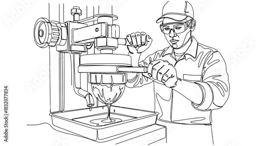 Line art of man operating machine in factory or manufacturing