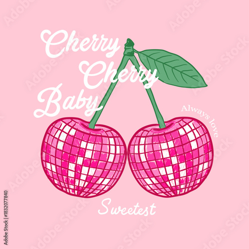 Hand drawn Disco cherry vector illustration on background, vintage girls cherry illustration, girl t-shirt print, disco party