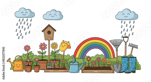 A vibrant cartoon illustration depicting a happy spring garden scene with smiling flowers, rain clouds, a colorful rainbow, and gardening tools.