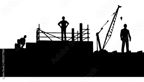 Construction workers silhouette at building site with crane