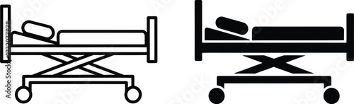 Two vactor black and white icon style hospital beds on wheels with pillows medical bed