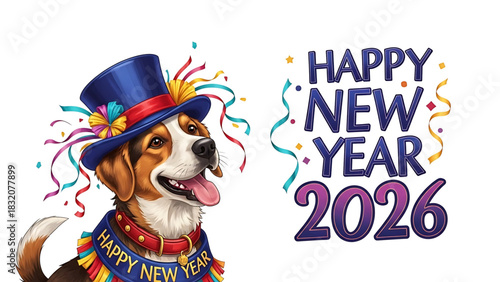 Festive Dog Celebrates Happy New Year 2026 with Joy