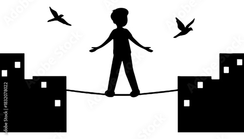 Silhouette boy balancing on rope between buildings with birds