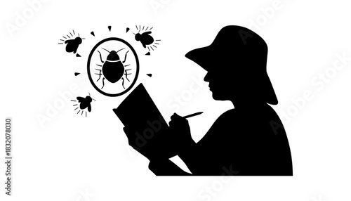 Entomologist studying insect species and taking field notes