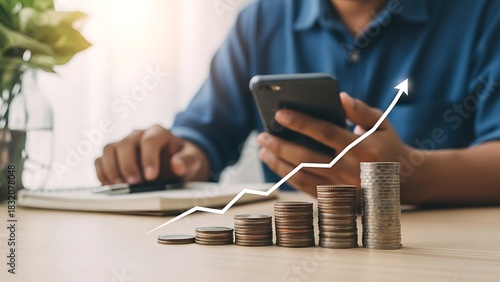 Man using phone with stacked coins and upward trending arrow