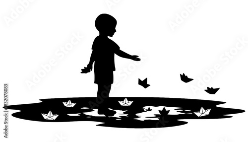 Silhouette of child playing with paper boats in puddle art