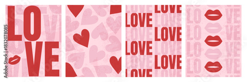 Romantic Valentine’s Day card templates set with hearts, lipstick kiss and LOVE typography. Minimal pink greeting cards for invitations, gifts and holiday design.