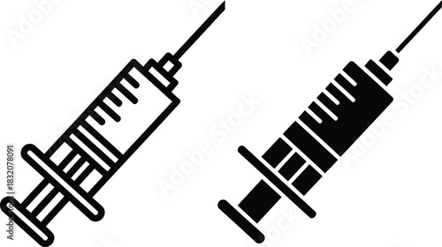 Two vactor black and white syringe icons one outlined one solid medical injection