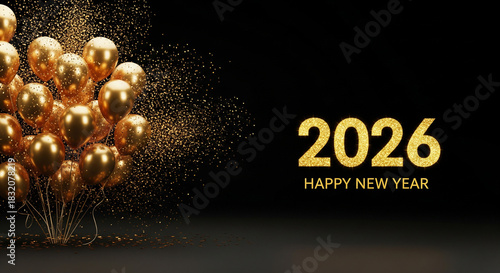 New years celebration with golden balloons and confetti