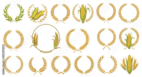 A comprehensive set of stylized agricultural wreaths, featuring classic laurel, golden wheat, and corn cobs, symbolizing harvest and achievement.