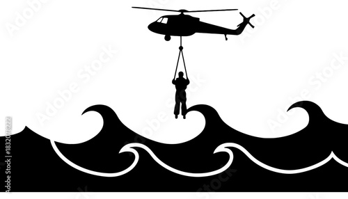 Helicopter rescue over ocean waves black and white illustration