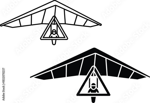 Two vactor black and white vector icons of hang gliders with pilots flying aviation