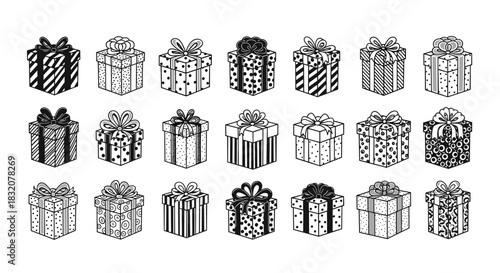 Hand-drawn collection of black and white gift boxes with bows and various festive patterns, perfect for holiday and celebration designs.