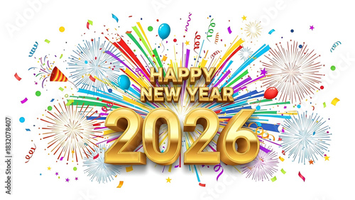 Festive Happy New Year 2026 Celebration with Confetti and Fireworks