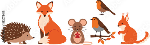 Flat Design Woodland Animal Vector Illustration Set, Fox, Hedgehog, Robin Bird, Mouse, and Squirrel