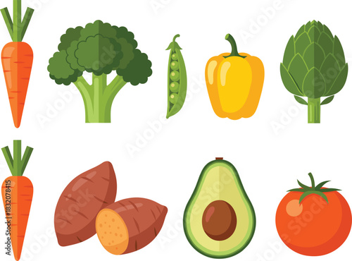 Vector Set of Flat Design Fresh Vegetables, Healthy Food, Organic Produce, and Cooking Ingredients